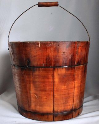 Primitive Antique 13.  5 " Red Wooden Farm Bucket Pail Metal Stave Bail Handle Wood