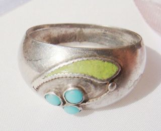 Vintage Guilloche Enamel 875 Sterling Silver Ring With Turquoise Size 7