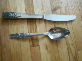 2 Vtg Oneida Community Stainless Baby / Child Silverware Spoon Knife With Rabbit