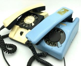 Retro Soviet Landline Desk Phone Vintage Rotary Dial Ussr Beige Blue Interior