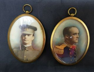 Antique Pair Miniature Portrait Painting World War One Soldiers