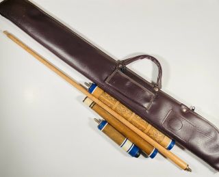 Vintage Hand Carved 4 Piece Pool Cue W/ Brass Connectors W/ Case