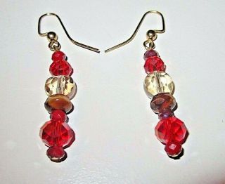 Vtg Exotic Ruby Red Tigers Eye & Clear Faceted Art Glass Stacked Estate Earrings