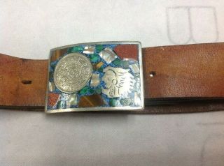 Vintage Mexico Sterling Silver Mosaic Inlay Mayan Belt Buckle With Leather Belt