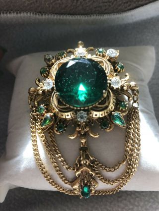 Vintage Florenza Brooch Emerald Green And Gold Toned