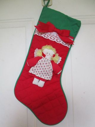 Vintage House Of Hatten Quilted Christmas Stocking With Rag Doll Angel Attached