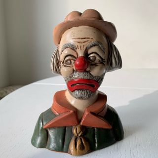 Vintage Chalkware Sad Frowning Clown Bust Head Figurine Red Nose Hat