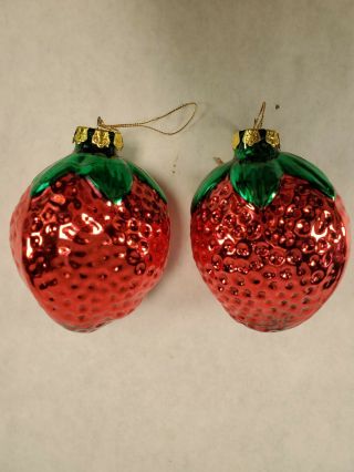 Two Large 4.  5 " Strawberry Vintage Christmas Ornament Glass Fruit Ornament