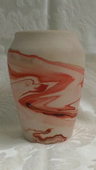 Vintage Nemadji Wide - Mouth Orange Swirl Clay Pottery Vase 6 "