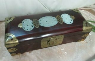 Vintage Chinese Carved Inlaid Jadeite Wood Jewelry Trinket Box Treasure Chest