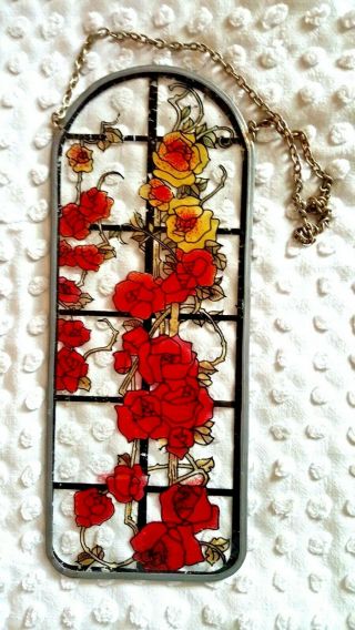 Vintage Hand Painted Glass Window Sun Catcher: Trellis Of Roses Design