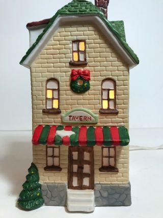 Vtg Holiday Expressions Hand Painted Porcelain Lighted Christmas Village Tavern
