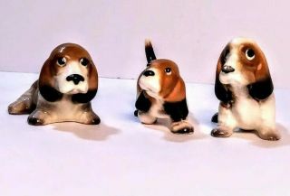 Vintage Hagen Remaker Basset Hound Miniatures 3 Dogs Ceramic Measures 1 " & 2 "