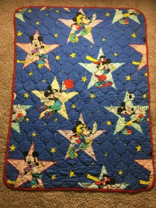 Vintage Disney Mickey Mouse Sports Blanket Quilted Cotton 39 " Wide 50.  5 " Length