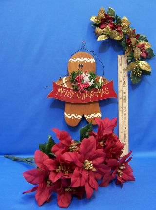 Vintage Wood Gingerbread Man Sign Wall Door Hanging Christmas Red Floral Picks