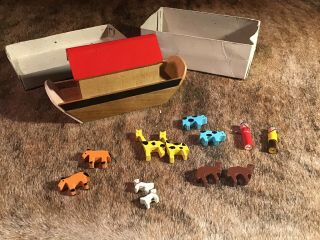 Vintage Shackman Miniature Wooden Noah’s Ark Play Set Toy W/ Box Made In Japan