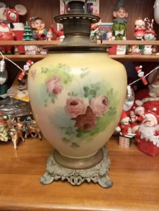 Antique Painted Glass Gwtw Fostoria Oil Lamp Base Only W Guts Gone With The Wind