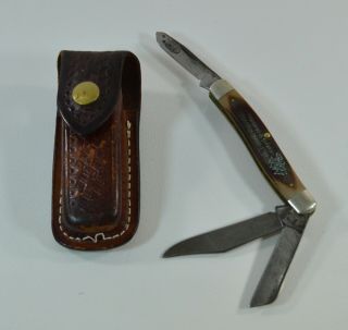 Vintage Schrade Usa Old Timer 80t 3 Blade Pocket Knife Folding W/ Leather Case