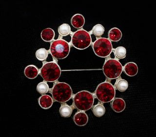 Vintage Ruby Red Rhinestone Circle Brooch Pin Made With Swarovski Crystal 187