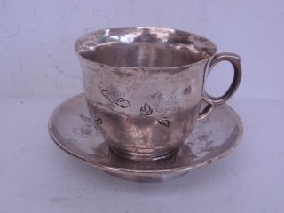Chinese Export Solid Silver Tea Cup & Saucer Prunus Blossom & Birds; 166 Grams
