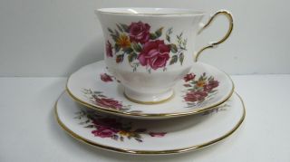 Vintage Queen Anne 8629 Bone China Red Roses Trio Cup Saucer Plate