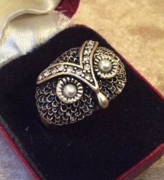 Vintage Quirky Jewellery Adorable Silver Tone 3d Crystal Pearl Owl Bird Ring