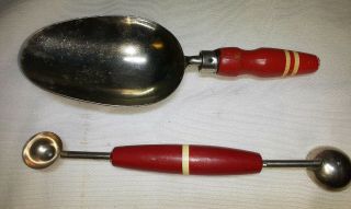 Set Of Vintage Ekco Red W/ White Stripe Wooden Handle Melon Baller And 8 " Scoop