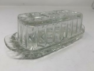 Vintage Clear Cut Glass Butter Dish Starburst Pattern W/ Lid G