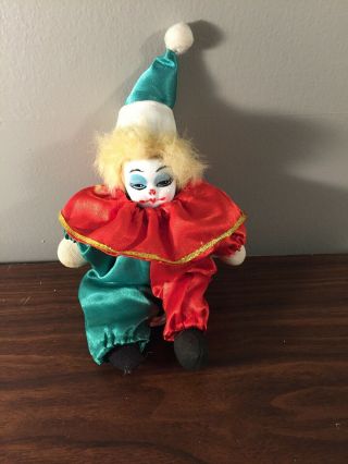 Vintage Jester Baby Clown Doll Porcelain Face 8 " Red/green
