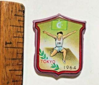 1964 Vintage Tokyo Olympic Games Athletics Long Jump Tin Toy Pin Badge Nm