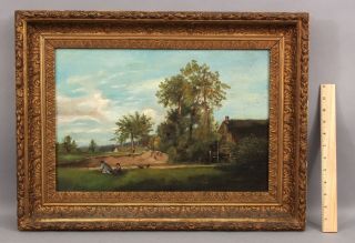 19thc Antique American Country Landscape & Children Playing Oil Painting,  Nr