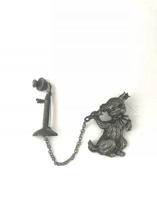 Vintage Dog Talking On An Old Fashioned Telephone Fur Clip Brooch Pin