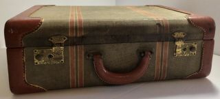 Vintage Canvas & Stitched Leather Suitcase Trunk Train Case Retro Luggage Travel