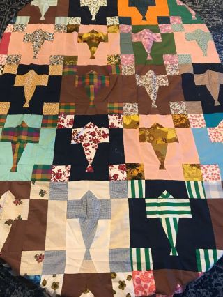 Vintage Patchwork Quilt Top,  Hand Stitched,  Multi - Colored,  Twin?,  65 X 82