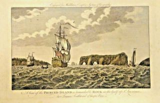 Antique Block Print E Of A View Of The Pierced Island 1778 With Sailing Ships