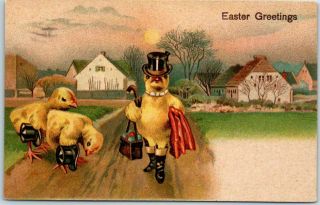 Vintage Easter Greetings Embossed Postcard Dressed Chick Top Hat Egg 1908 Cancel