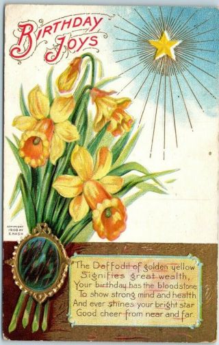 Vintage Embossed Greetings Postcard " Birthday Joys " Daffodil Flower C1910s