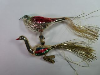 Vtg 2 Mercury Glass Bird Tinsel Tail Multi Color Christmas Clip Ornaments
