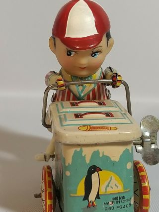 Vintage Tin & Celluloid Wind Up Toy Ice Cream Pedal Bike 260 Ms 405 Made China