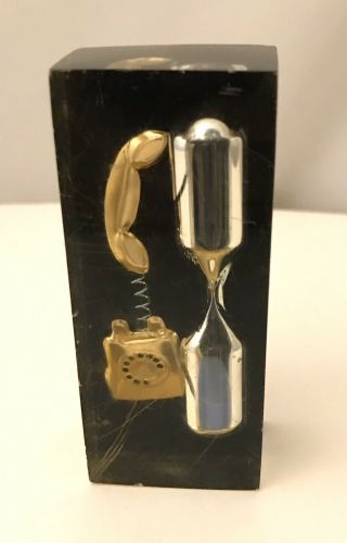 Vintage 3 Minute Blue Sand Timer With Retro Rotary Phone In Clear Lucite Block