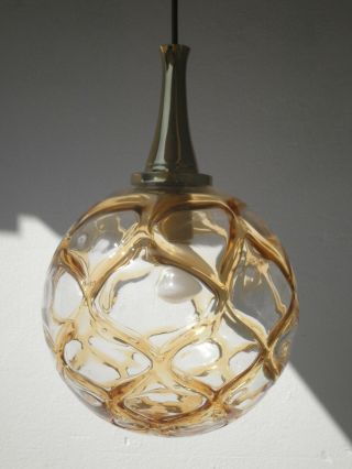 Vtg Glass Ball Pendant Lamp Amber Meltings 1960 