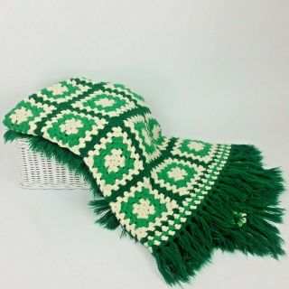 Vintage Green Crochet Afghan Throw Granny Square Knit Throw Green