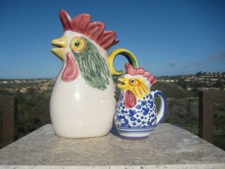 Vintage Ceramic Rooster Pitchers Hand Painted Deruta Made In Italy