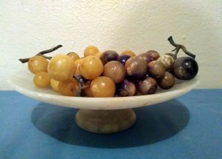 Vintage Italian Alabaster Marble Pedestal Fruit Bowl With Grapes