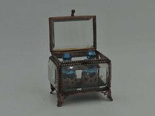 Antique French Ormolu Gilt Box W/blue Glass Perfume Bottles Caddy