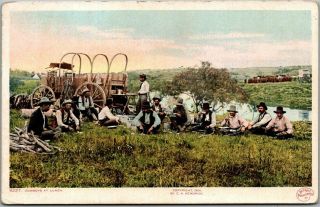 Vintage 1909 Western Postcard " Cowboys At Lunch " Chuck Wagon Kress,  Texas Cancel