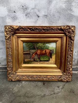 12.  5”x10.  5” Framed Oil Painting Brown Horse Near Fence Antique Style