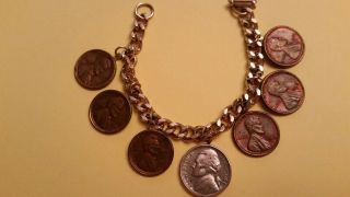 Lincoln Penny Solid Copper Charm Bracelet Vintage 7 Coins And Nickle 7 " Long