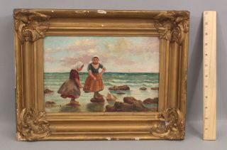 19thc Antique Oil Painting,  Dutch Children Pond Model Ocean O/c Oil Painting
