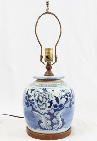 Antique Chinese Porcelain Qing 19th C.  Painted Floral Ginger Jar Lamp Blue White